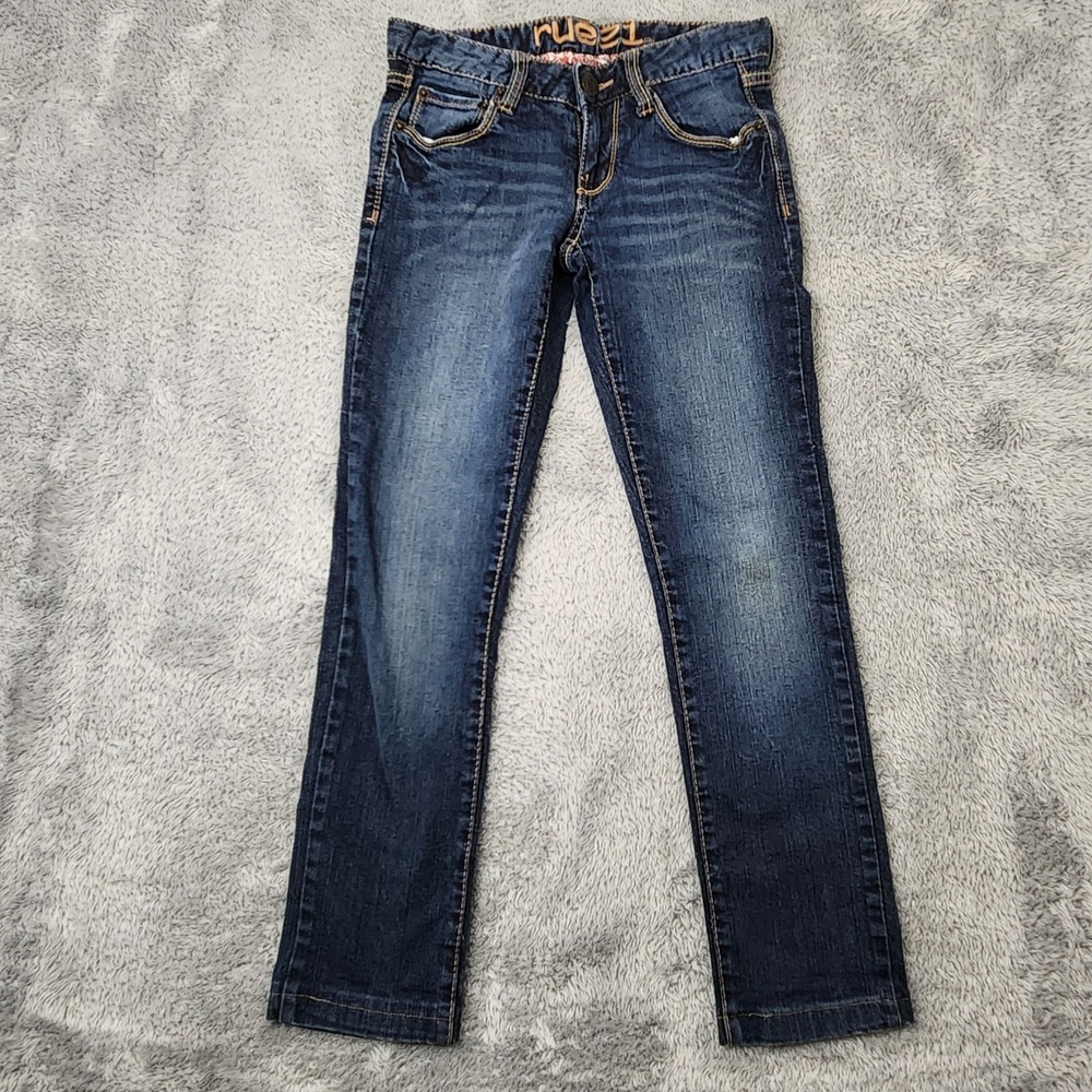 Rue21 Jeans Juniors 0 Short Blue Slim Fit Dark Wash Embroidered Pockets Stretch
